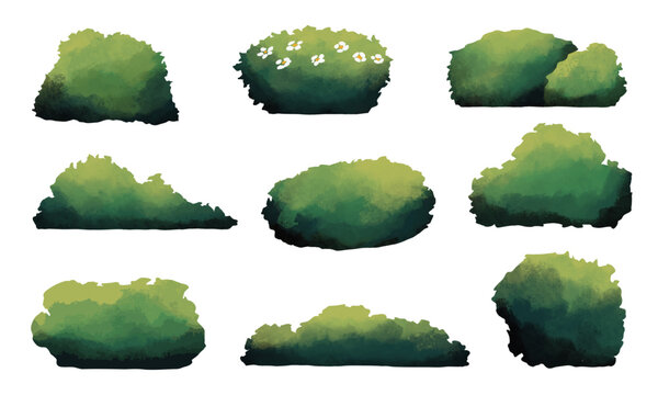 Watercolor Freeform Bush Shrub Clipart. A complete collection of watercolor style green bushes in various shapes including floral variations. Perfect for forest scenes garden decor