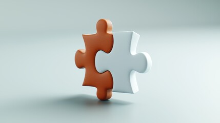 Obraz premium Two interlocking puzzle pieces, one brown and one white, floating on a minimal light background.