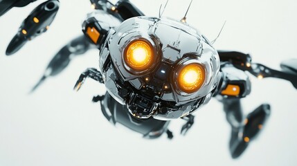 Close-up of a futuristic robotic insect, light gray and metallic, with glowing orange engines, intricate details, and multiple limbs