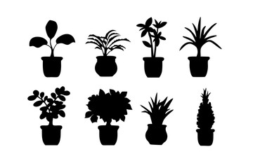House Plant in a Pot Black Silhouette Icons Vector Illustration