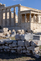 Erechtheion, Temple of Athena Polias on Acropolis of Athens, Greece. Porch of Maidens with statues of caryatids
