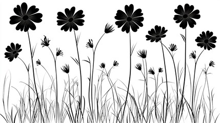 Black silhouettes of cosmos flowers and grass against a white background.