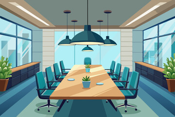 Spacious modern boardroom with large table and pendant lighting vector illustration 