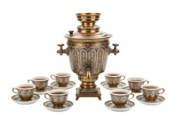 PNG Antique brass samovar with porcelain cups set on black background