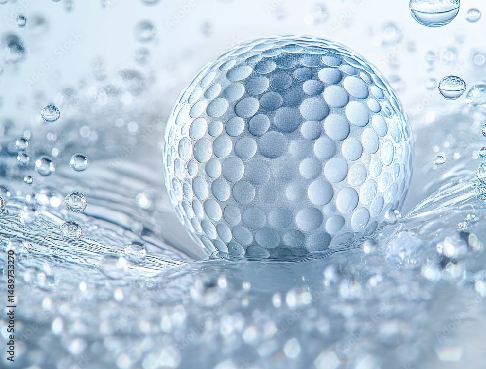 Poster close-up of a golf ball with water droplets splashing around it creating a fresh and dynamic scene