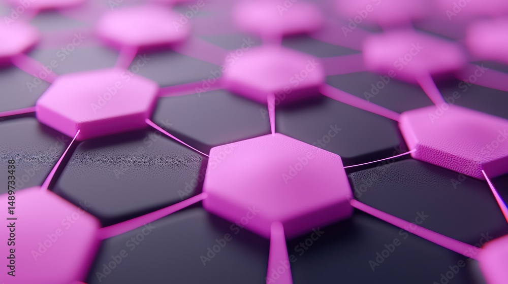 Poster abstract close-up of interconnected pink hexagons on a dark surface, representing modern technology 