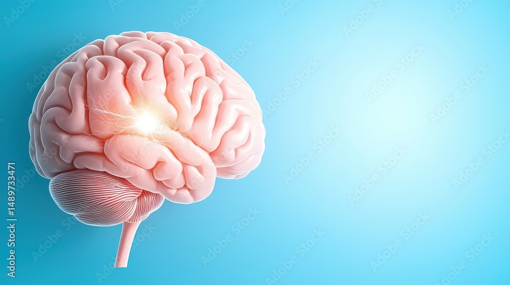 Poster human brain model with highlighted neural activity on a blue gradient background.