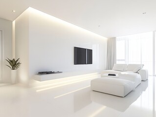 Modern minimalist living room with an all white theme