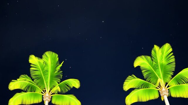 Starry night sky against with coconut palm trees