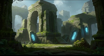Mysterious ancient stone ruins with arches in overgrown fantasy landscape