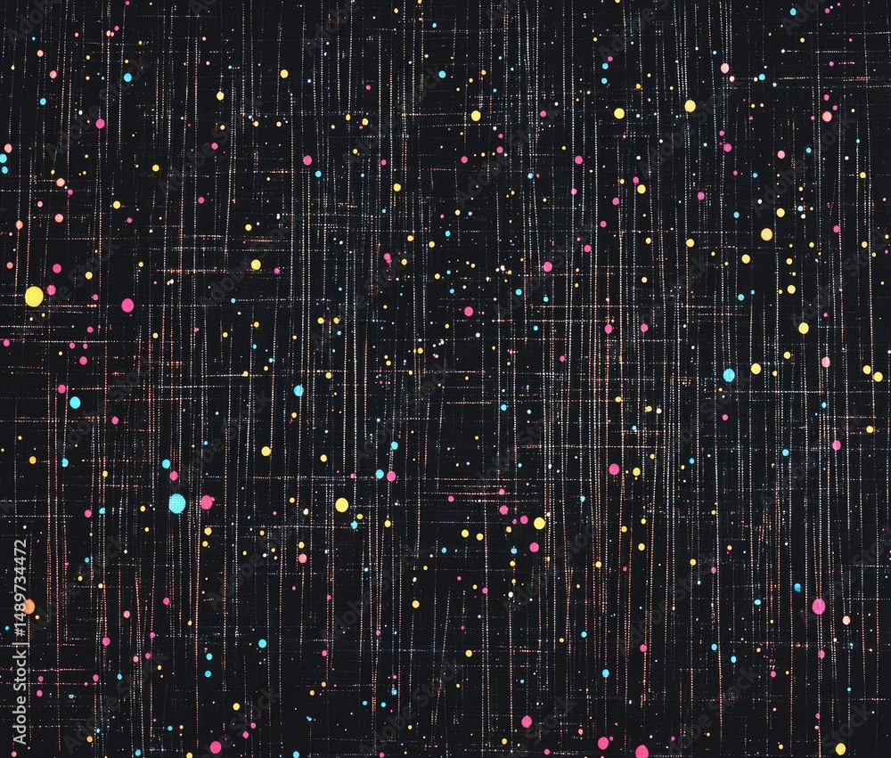 Poster abstract digital tapestry of vibrant, scattered points and intersecting lines on a dark background