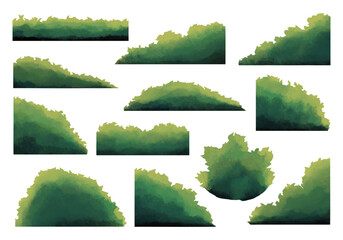 Natural Watercolor Bush Corner Foliage. A complete collection of natural watercolor bushes featuring corner growths leafy spreads. Perfect for garden scenes park layouts and forest backgrounds