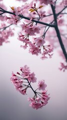 Fototapeta premium Close up of pink cherry blossom flowers on a branch against a soft background