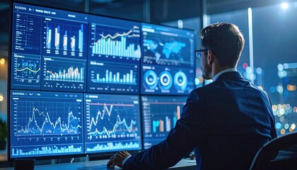 Businessman observing numerous data screens.