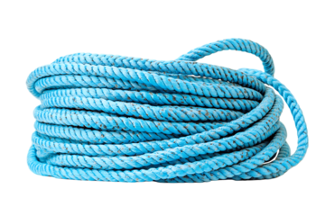 Coiled light blue rope with tight spiral on trasparent background