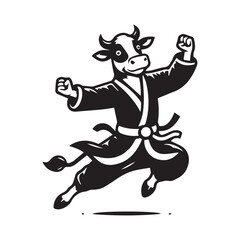 Hero Cow in Kung Fu Pose – Dynamic Animal Logo Vector