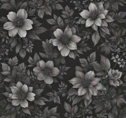 Subtle charcoal floral wallpaper; delicate botanical blooms and leaves create a seamless pattern , art, subtle, delicate