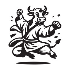 Hero Cow in Kung Fu Pose – Dynamic Animal Logo Vector