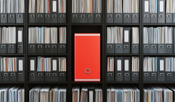 Colorful Red Binder Stands Out in Library of Organized Documents