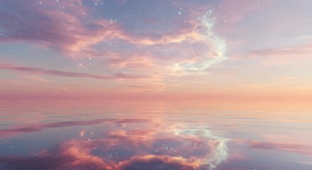 Fototapeta premium Serene ocean reflecting pastel sky at sunset or sunrise tranquil scenery