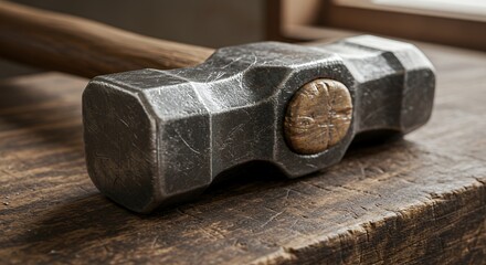 Close-up of a Worn Metal Hammer on Rustic Wood