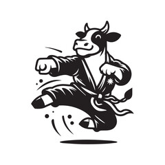 Jumping Kungfu Cow Logo – Fighting Animal Mascot Vector Illustration