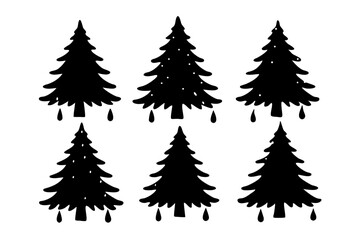 Two Evergreen Trees with Rain Drops Falling Vector Illustration