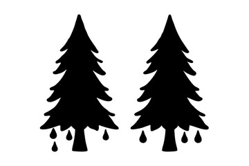 Two Evergreen Trees with Rain Drops Falling Vector Illustration