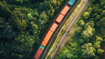 Fototapeta premium Aerial view of a freight train passing through a dense green forest landscape providing essential cargo