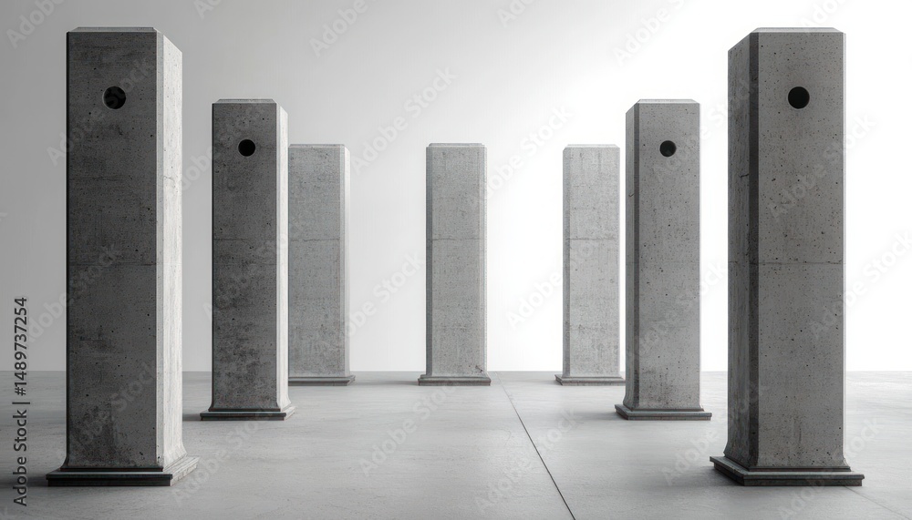 Poster seven tall concrete pillars standing in two uneven rows on a smooth surface in a minimalistic, empty