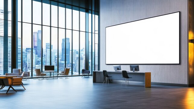 Modern office lobby with city view, blank billboard, reception desk