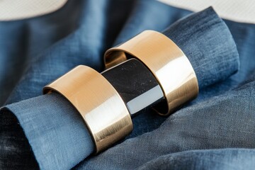 Two gold napkin rings resting on a blue cloth.