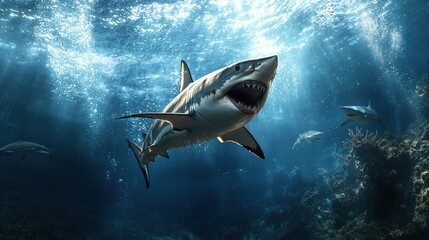 Fototapeta premium Shark encounter ocean depths marine life underwater scene dramatic perspective thrilling nature experience