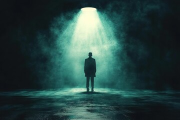 Silhouette of a solitary man standing under a focused beam of light in a dark, misty environment evoking mystery and introspection