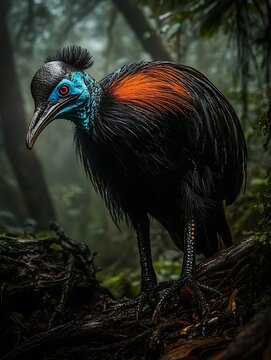 A Cassowary Bird, with its Bright Blue Neck and Casque, Walks Through a Rainforest