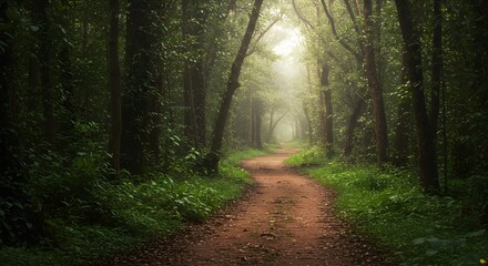 Fototapeta premium Winding forest path sunlight illuminating green trees peaceful nature scene