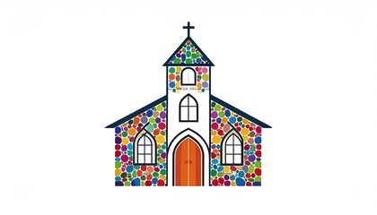 Colorful stylized representation of a religious building.