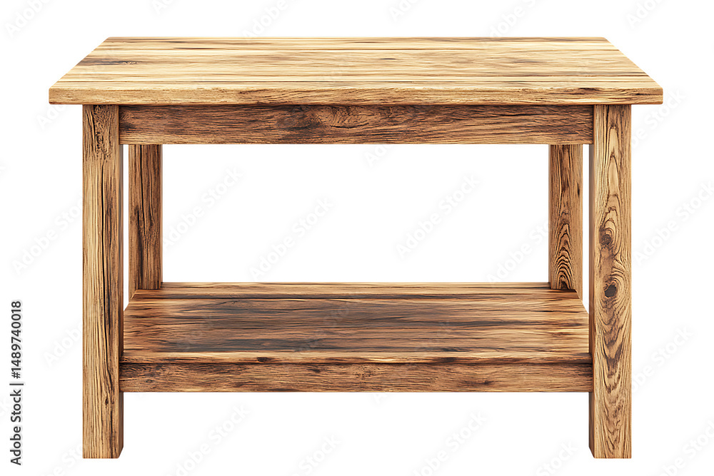 Poster small rustic wooden table with shelf on trasparent background