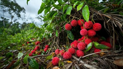 Harvesting ripe rambutan fruit tropical forest nature photography lush environment close-up exotic produce