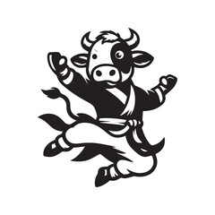 Kung Fu Cow Mascot Logo – Jumping Martial Arts Animal Vector
