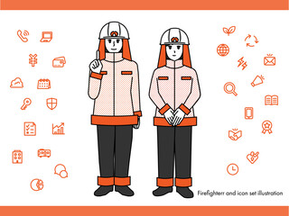 消防士の男性女性のイラスト素材セットA（全身・バストアップ 感情豊かな表情＆ポーズ）