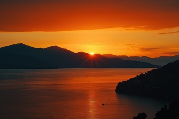 Fototapeta premium Breathtaking Sunset Over Mountains and Serene Waterscape View