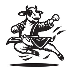 Kung Fu Cow Mascot Logo – Jumping Martial Arts Animal Vector