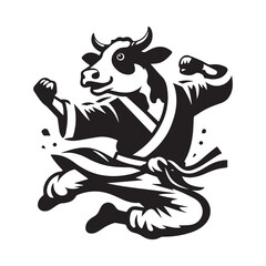 Kung Fu Cow Mascot Logo – Jumping Martial Arts Animal Vector