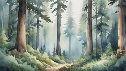 A watercolor of forest with tall trees.