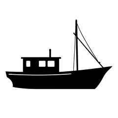 Black Fishing Boat with Cabin and Mast Icon Isolated vector illustration
