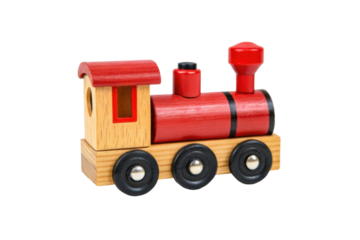 PNG Colorful wooden toy train with red carriage and black wheels on white background