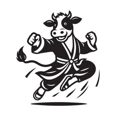 Kung Fu Cow Mascot Logo – Jumping Martial Arts Animal Vector