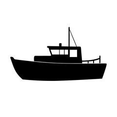 Black Fishing Boat with Cabin and Mast Icon Isolated vector illustration