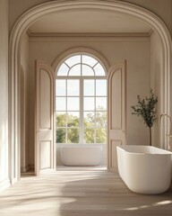 Fototapeta premium Elegant, sun-drenched bathroom with arched windows and doors